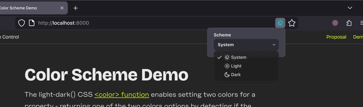 Firefox Color scheme control demo with a dropdown from the toolbar's color scheme icon shows three options — System (currently selected, checkmark), Light, and Dark.