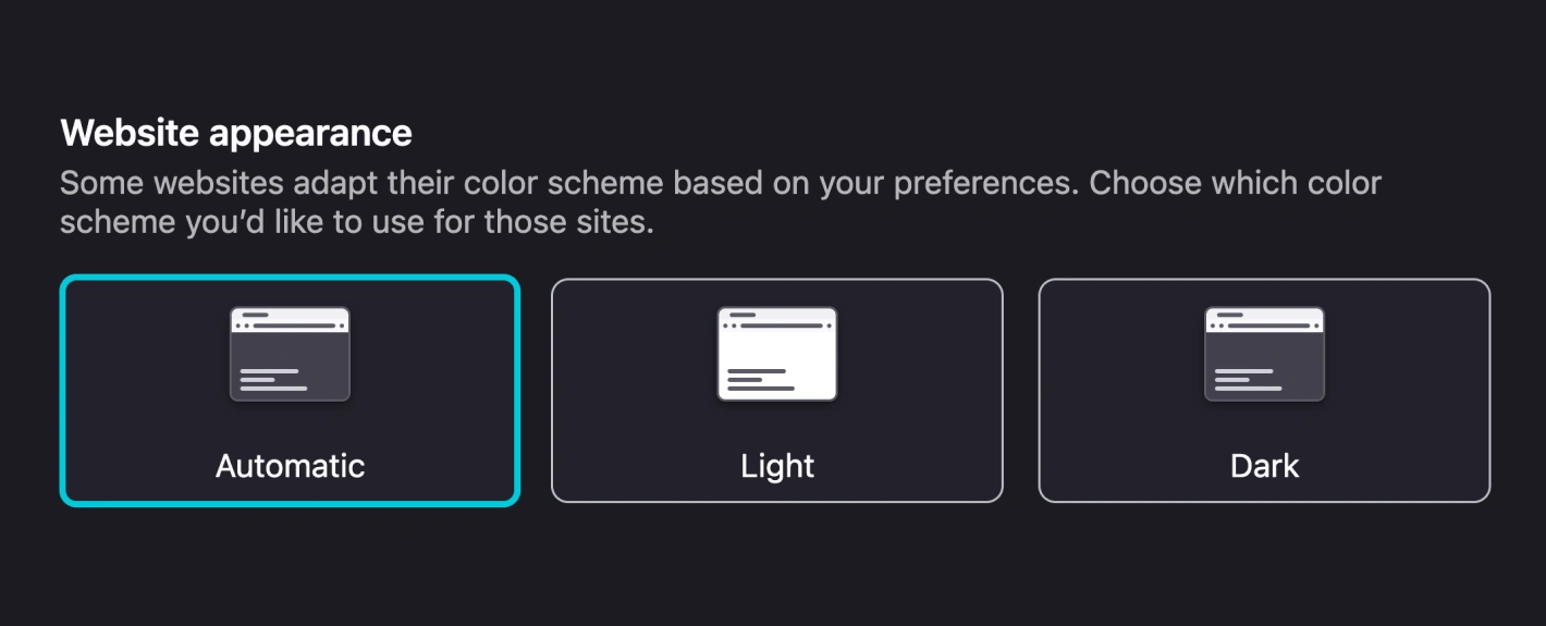 Firefox Website appearance settings panel. Three selectable cards — Automatic (currently selected, teal border), Light, and Dark — each with a small browser window icon illustrating the theme.