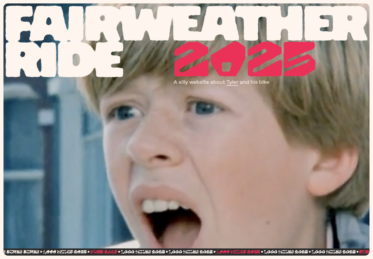 A screenshot of the hero section of the Fairweather Ride site showing the title, subtitle, and still of the hero video.