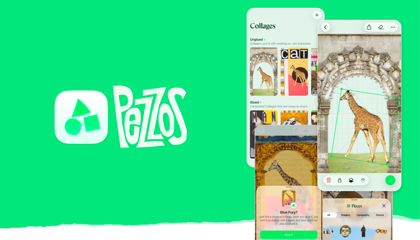 Pezzos app promotional image. Left side shows the Pezzos logo in white on a bright green background. Right side displays a preview of the Pezzos interface: a list of Collages, the Collage editor showing an in-progress Collage with a giraffe on ornate frame background. Then two smal previews of the Glue Collage and Pieces sheet interfaces.